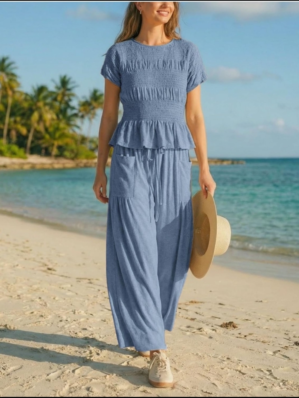 NWT Size XXL Smocked Short-Sleeve Top & Wide-Leg Pants Set - Blue - Picture 3 of 5